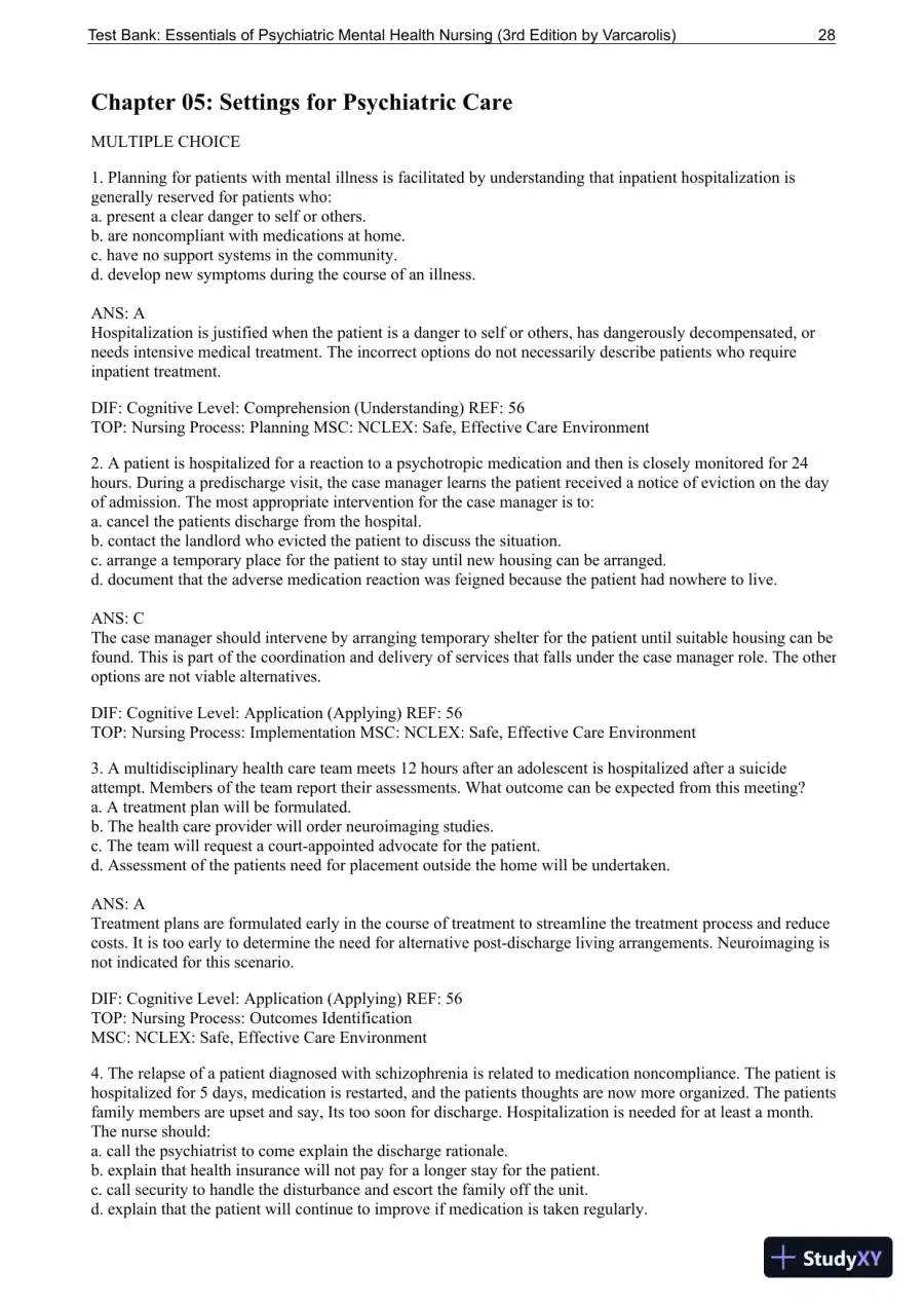 Essentials Of Psychiatric Mental Health Nursing: A Communication Approach To Evidence-Based Care, 3rd Edition Test Bank, page 29
