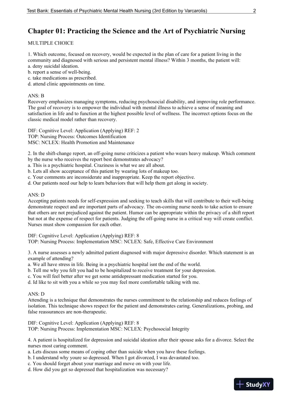 Essentials Of Psychiatric Mental Health Nursing: A Communication Approach To Evidence-Based Care, 3rd Edition Test Bank, page 3