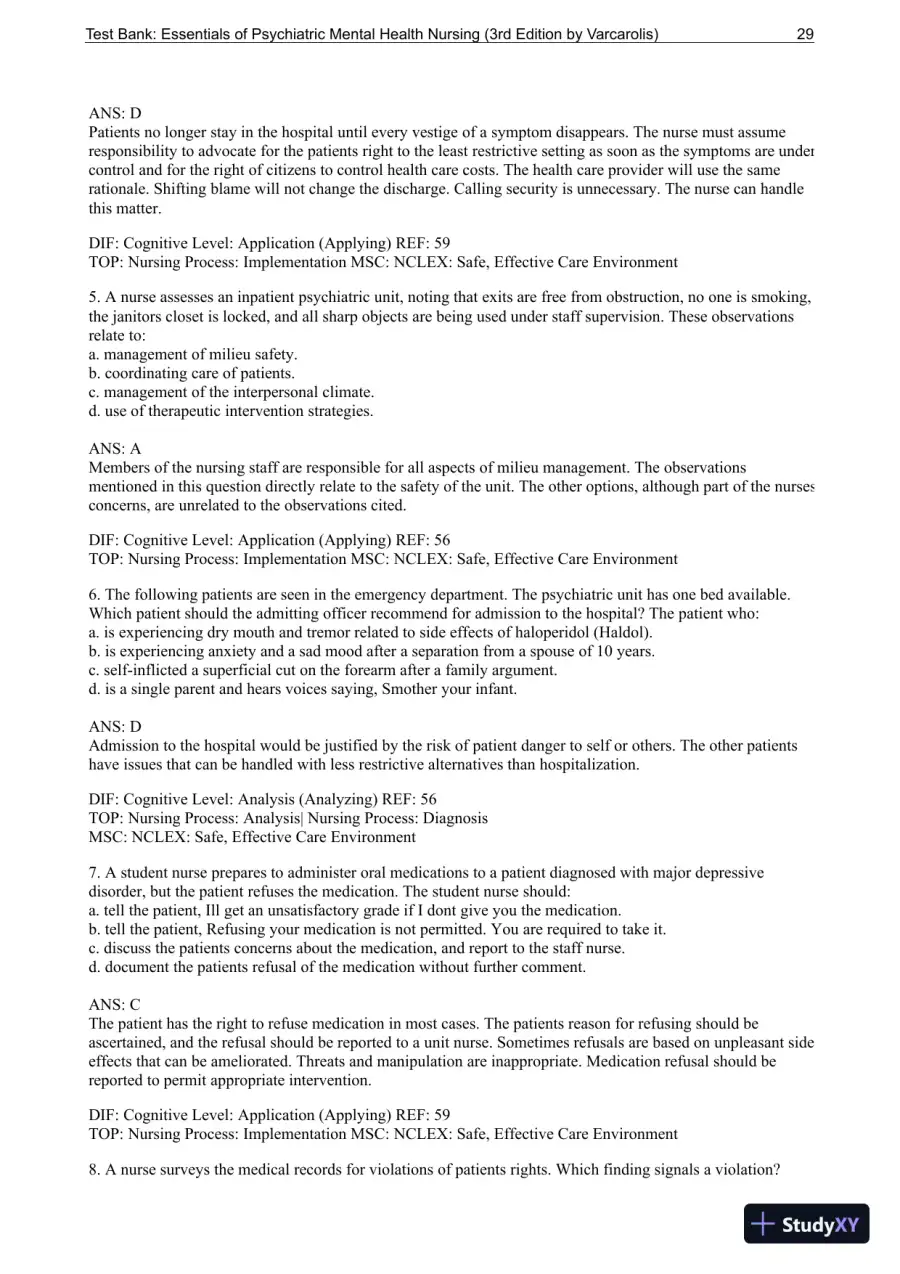 Essentials Of Psychiatric Mental Health Nursing: A Communication Approach To Evidence-Based Care, 3rd Edition Test Bank, page 30