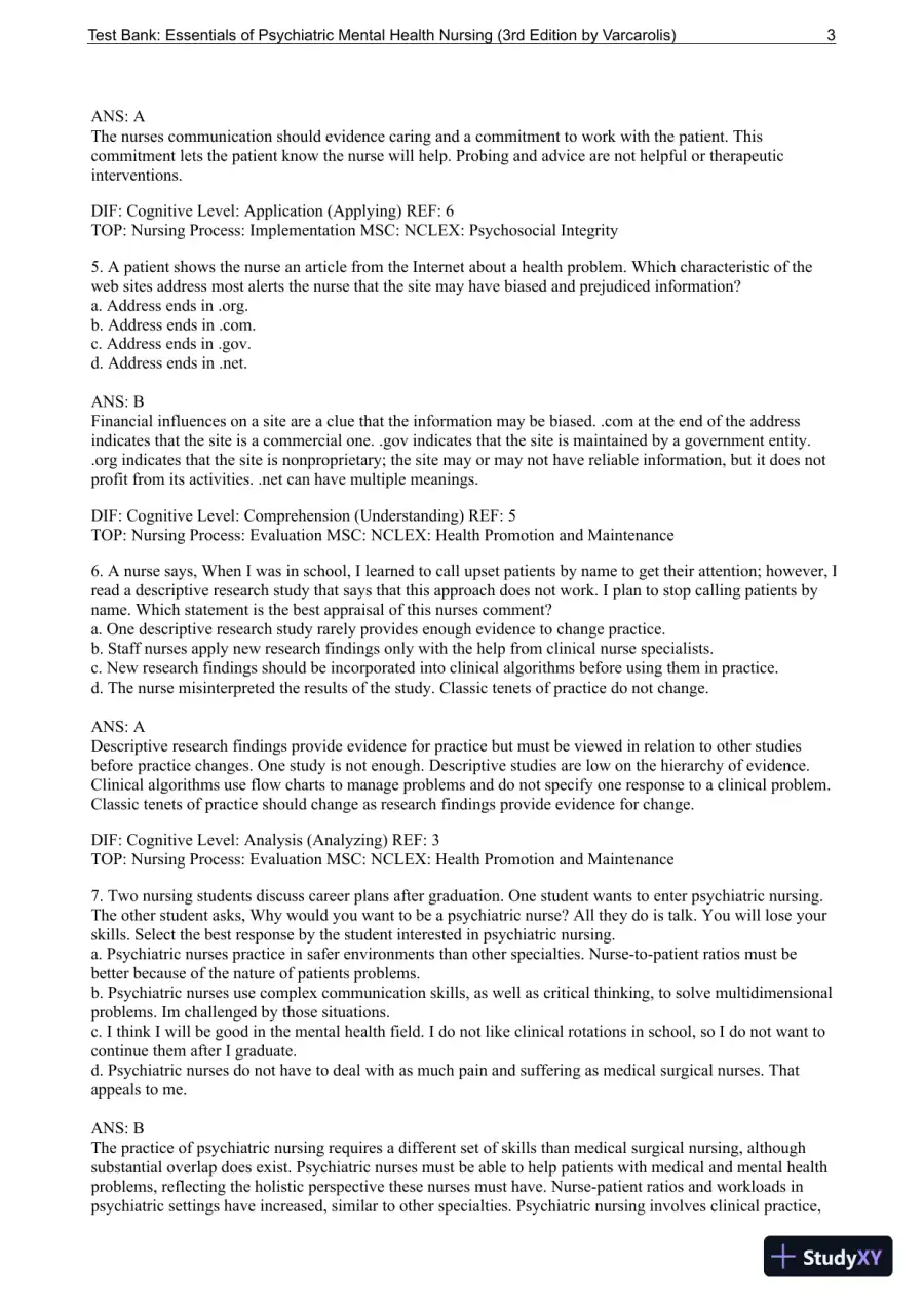 Essentials Of Psychiatric Mental Health Nursing: A Communication Approach To Evidence-Based Care, 3rd Edition Test Bank, page 4