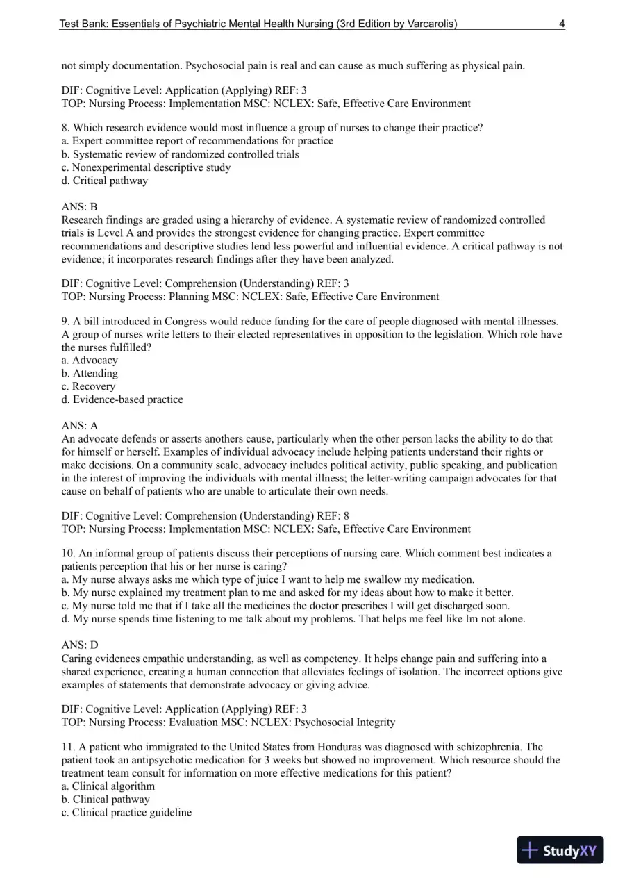 Essentials Of Psychiatric Mental Health Nursing: A Communication Approach To Evidence-Based Care, 3rd Edition Test Bank, page 5