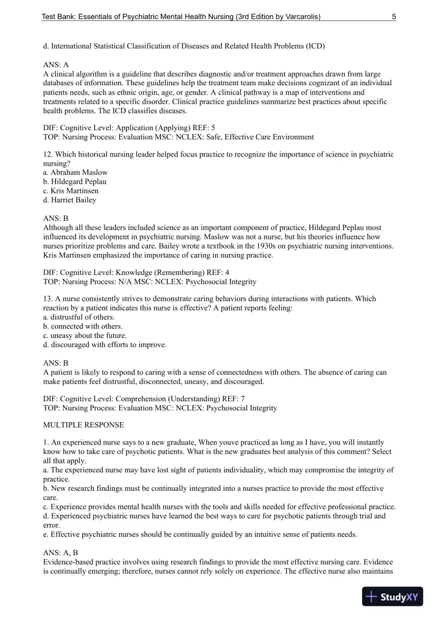 Essentials Of Psychiatric Mental Health Nursing: A Communication Approach To Evidence-Based Care, 3rd Edition Test Bank, page 6