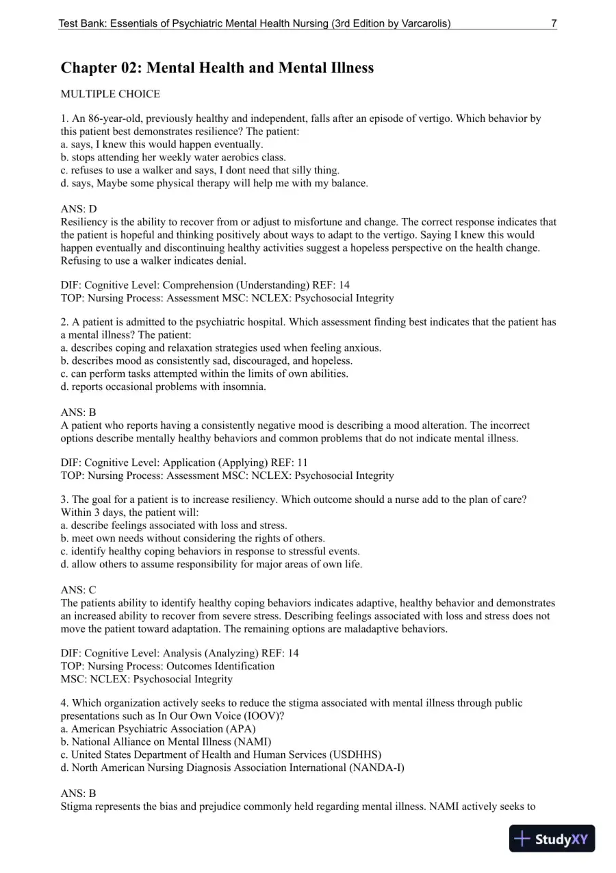 Essentials Of Psychiatric Mental Health Nursing: A Communication Approach To Evidence-Based Care, 3rd Edition Test Bank, page 8