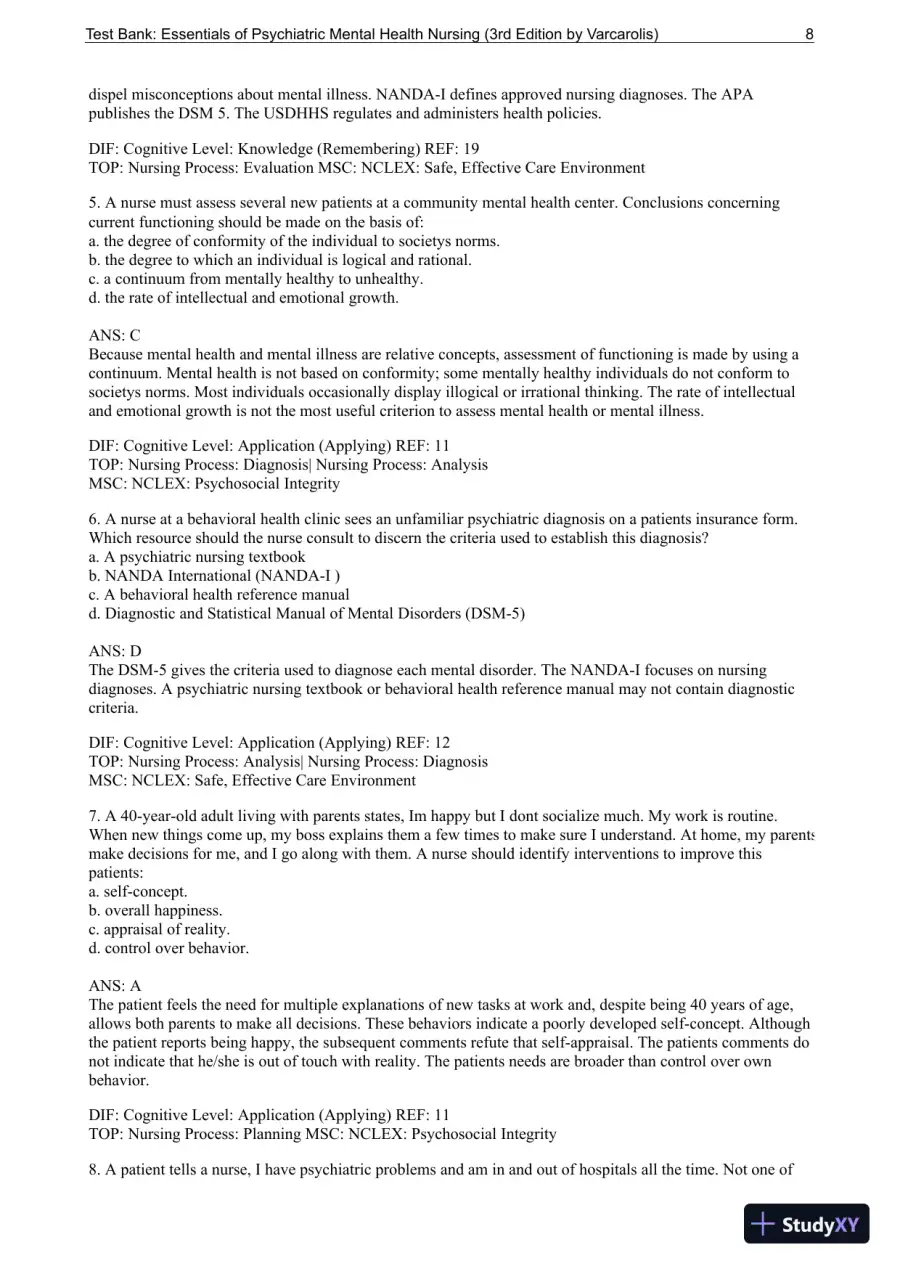 Essentials Of Psychiatric Mental Health Nursing: A Communication Approach To Evidence-Based Care, 3rd Edition Test Bank, page 9