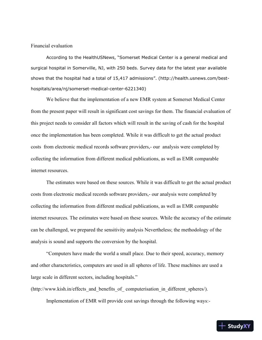 Financial Evaluation Of Implementing An Electronic Medical Record (EMR) System At Somerset Medical Center, page 3
