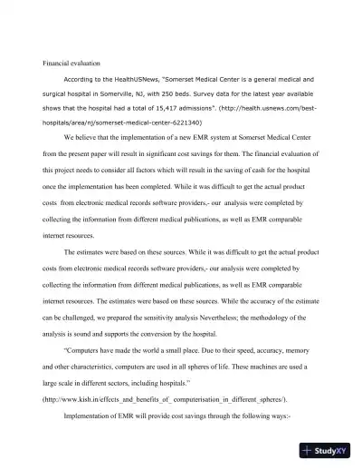 Financial Evaluation Of Implementing An Electronic Medical Record (EMR) System At Somerset Medical Center - Page 3 preview image