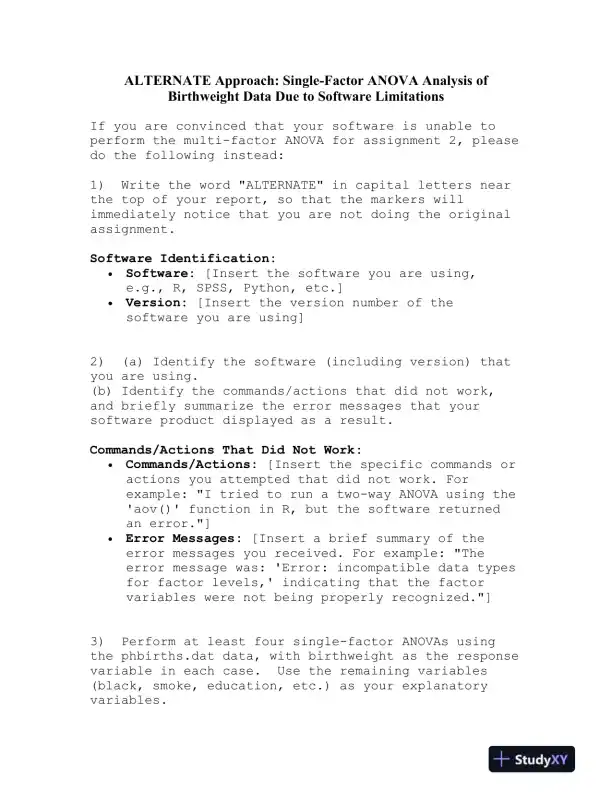ALTERNATE Approach: Single-Factor ANOVA Analysis of Birthweight Data Due to Software Limitations - Page 1 preview image
