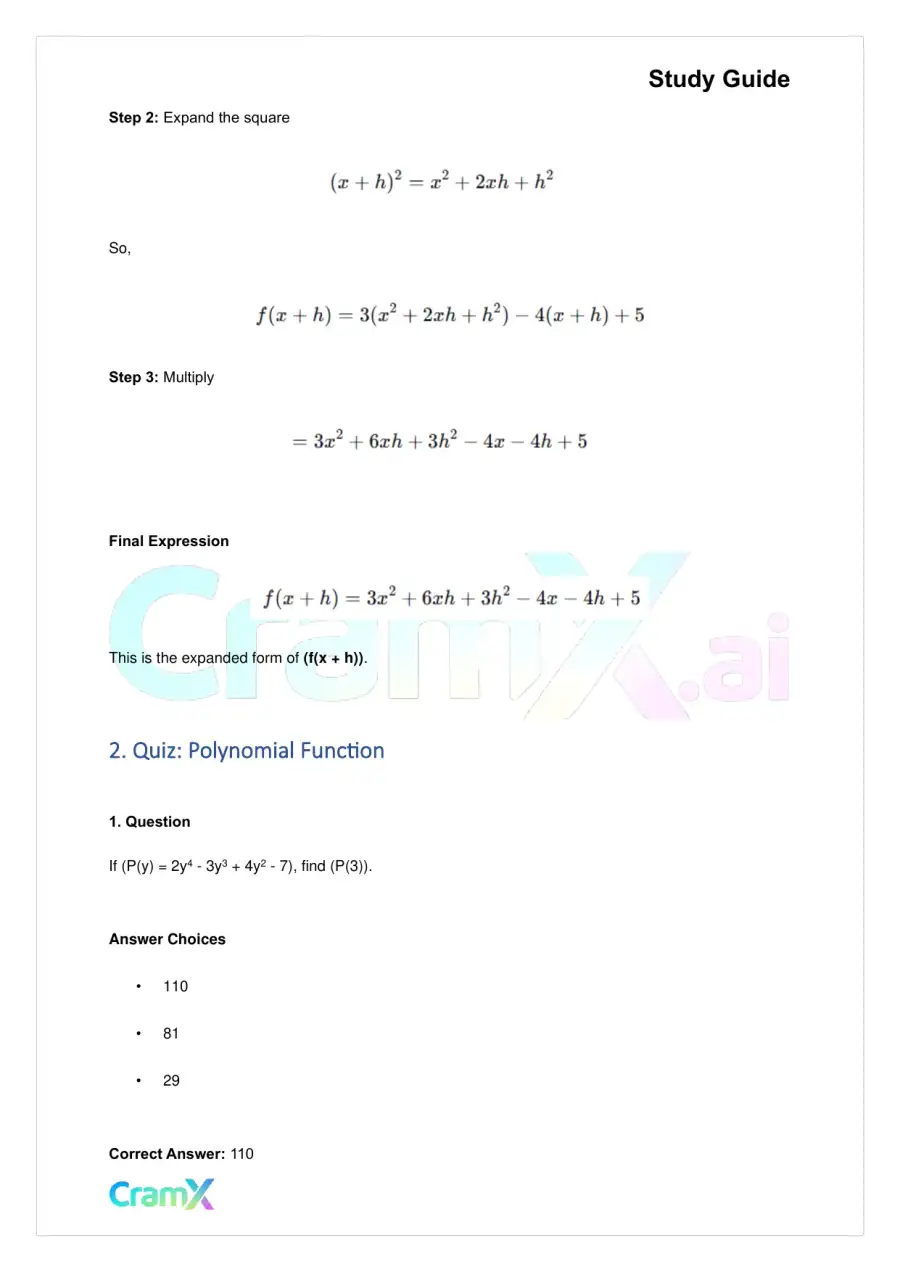 Algebra II – Polynomial Function, page 3