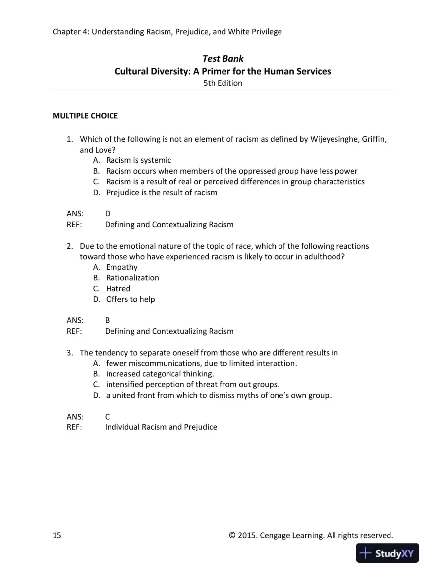 Cultural Diversity: A Primer for the Human Services 5th Edition Test Bank, page 16