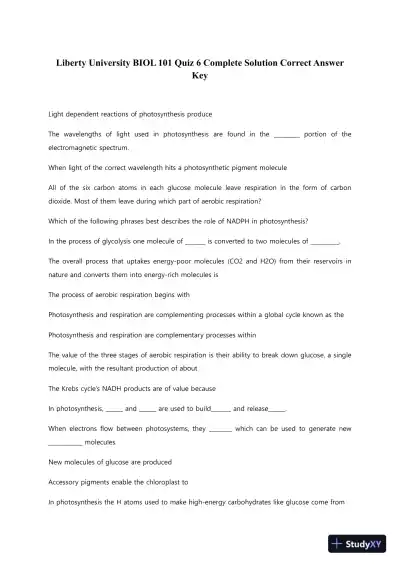 Liberty University BIOL 101 Quiz 6 Complete Solution Correct Answer Key - Page 1 preview image