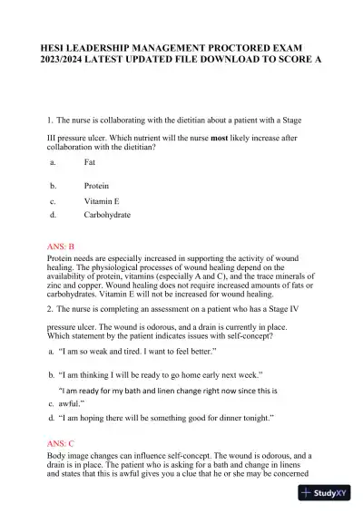 2023-2024 HESI Leadership Management Proctored Exam With Answers (7 Solved Questions) - Page 1 preview image