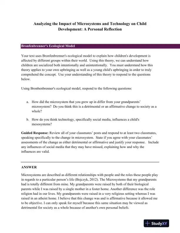 Analyzing the Impact of Microsystems and Technology on Child Development: A Personal Reflection - Page 1 preview image