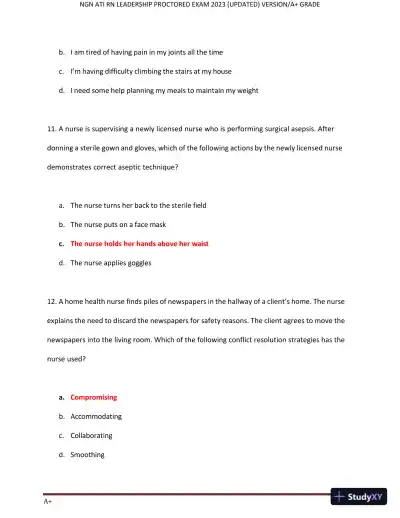 2023 NGN ATI RN Leadership Proctored Exam with Answers (70 Solved Questions) - Page 6 preview image