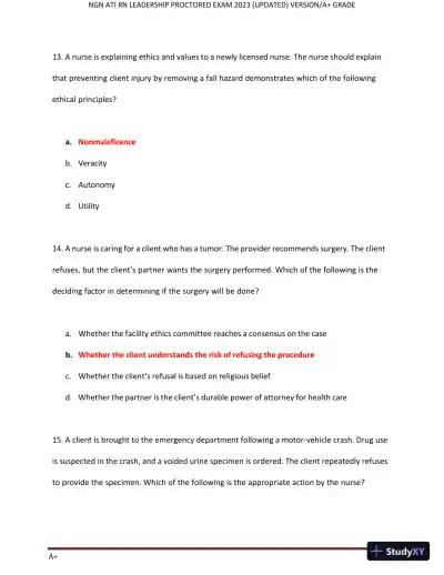 2023 NGN ATI RN Leadership Proctored Exam with Answers (70 Solved Questions) - Page 7 preview image