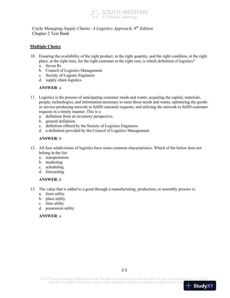 Test Bank For Supply Chain Management: A Logistics Perspective, 9th Edition, page 10