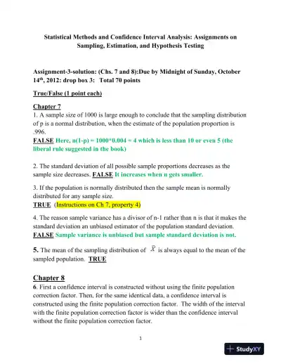 Statistical Methods and Confidence Interval Analysis: Assignments on Sampling, Estimation, and Hypothesis Testing - Page 1 preview image