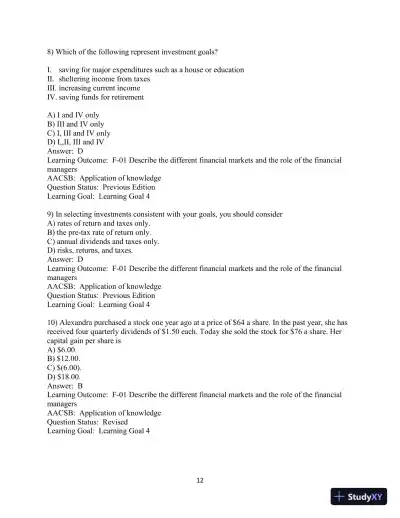 Test Bank For Fundamentals of Investing, 14th Edition - Page 13 preview image