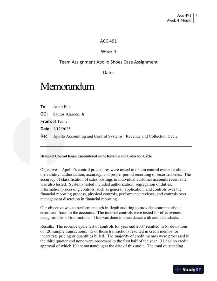 ACC 491 Week 4 Team Assignment: Apollo Shoes Case - Revenue and Purchasing Cycle Audit, page 3