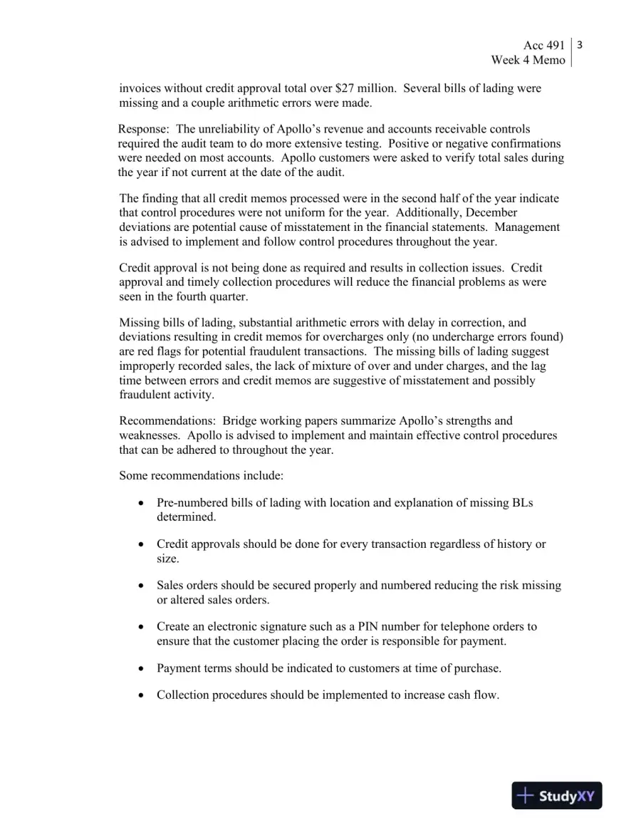 ACC 491 Week 4 Team Assignment: Apollo Shoes Case - Revenue and Purchasing Cycle Audit, page 4
