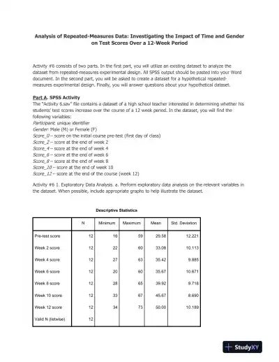 Analysis of Repeated-Measures Data: Investigating the Impact of Time and Gender on Test Scores Over a 12-Week Period - Page 1 preview image