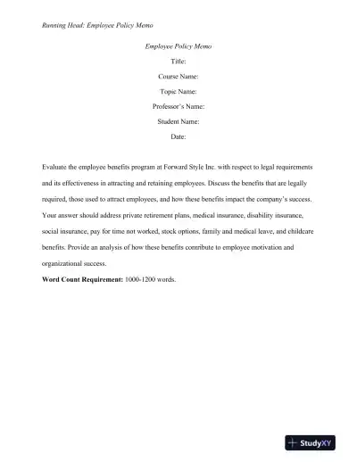 Evaluating Employee Benefits at Forward Style Inc.: Legal Compliance and Impact on Employee Motivation - Page 1 preview image