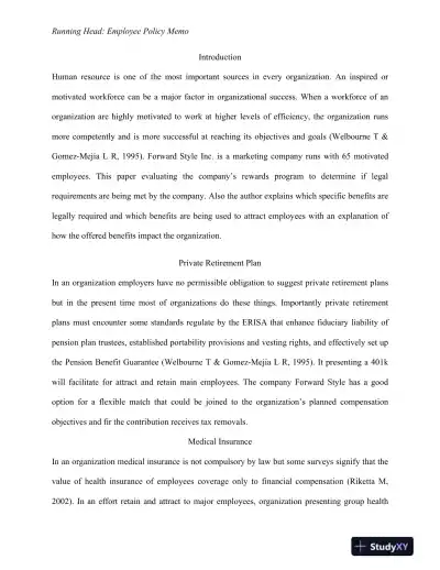 Evaluating Employee Benefits at Forward Style Inc.: Legal Compliance and Impact on Employee Motivation - Page 3 preview image