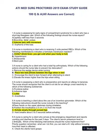 2019 ATI Medical Surgical Proctored Exam with Answers (100 Solved Questions) - Page 1 preview image