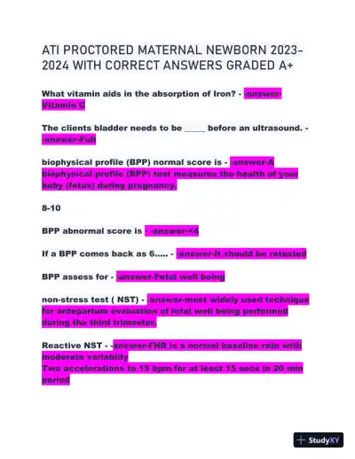 2023-2024 ATI Maternal Newborn Proctored Exam With Answers (207 Solved Questions) - Page 1 preview image