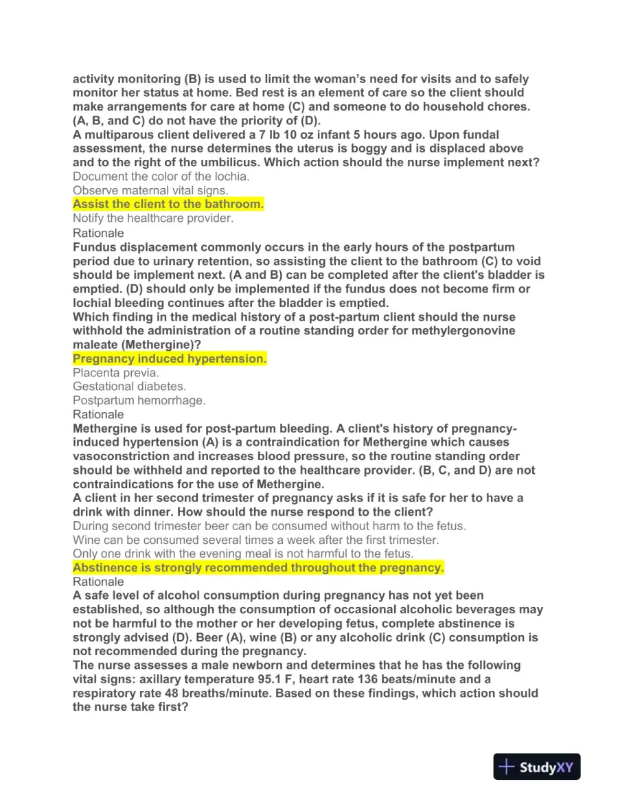 HESI Prenatal OB Practice Exam With Answers (108 Solved Questions), page 10