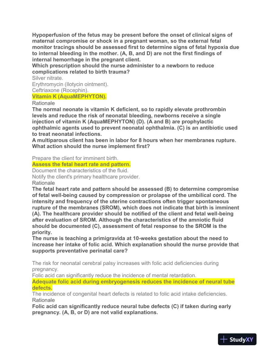 HESI Prenatal OB Practice Exam With Answers (108 Solved Questions), page 8
