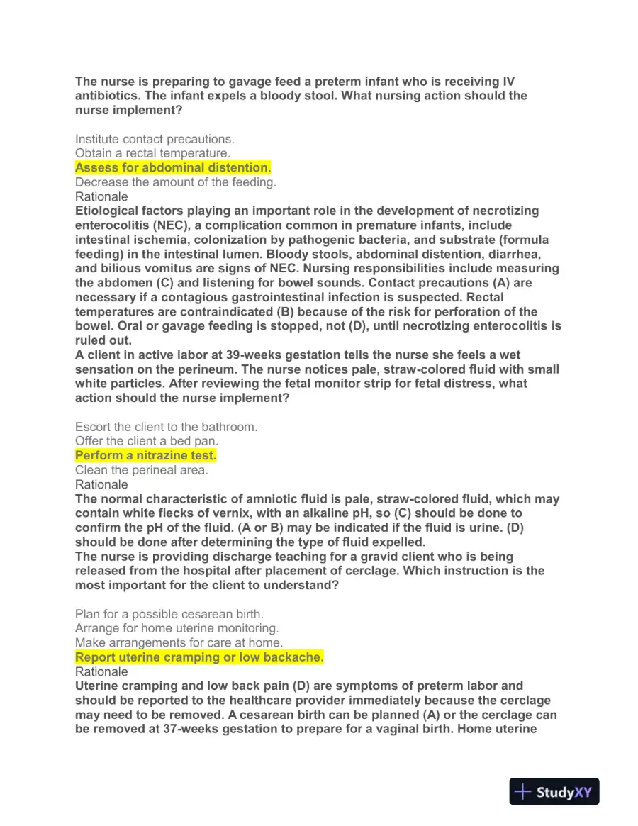 HESI Prenatal OB Practice Exam With Answers (108 Solved Questions), page 9