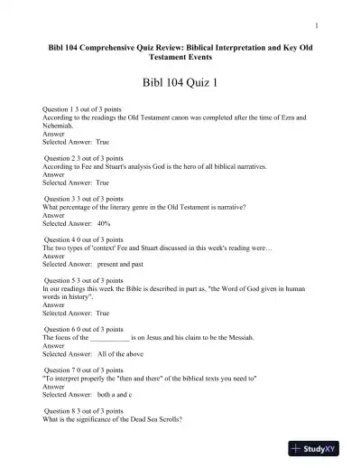 Bibl 104 Comprehensive Quiz Review: Biblical Interpretation and Key Old Testament Events - Page 1 preview image