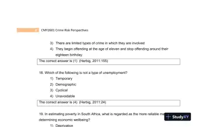 2023 CMY2601 Crime Risk Perspectives Practice Exam with Answers (130 Solved Questions) - Page 10 preview image