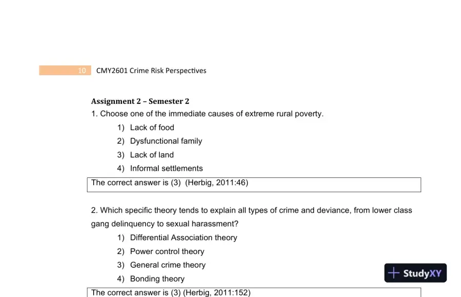 2023 CMY2601 Crime Risk Perspectives Practice Exam with Answers (130 Solved Questions), page 12