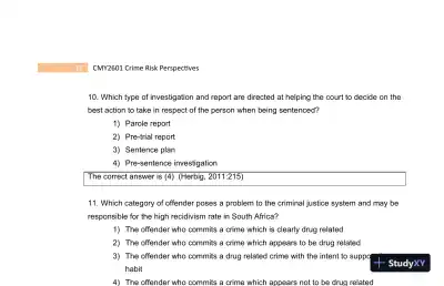 2023 CMY2601 Crime Risk Perspectives Practice Exam with Answers (130 Solved Questions) - Page 14 preview image