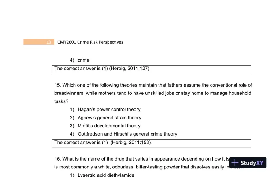 2023 CMY2601 Crime Risk Perspectives Practice Exam with Answers (130 Solved Questions), page 15