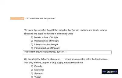 2023 CMY2601 Crime Risk Perspectives Practice Exam with Answers (130 Solved Questions) - Page 16 preview image