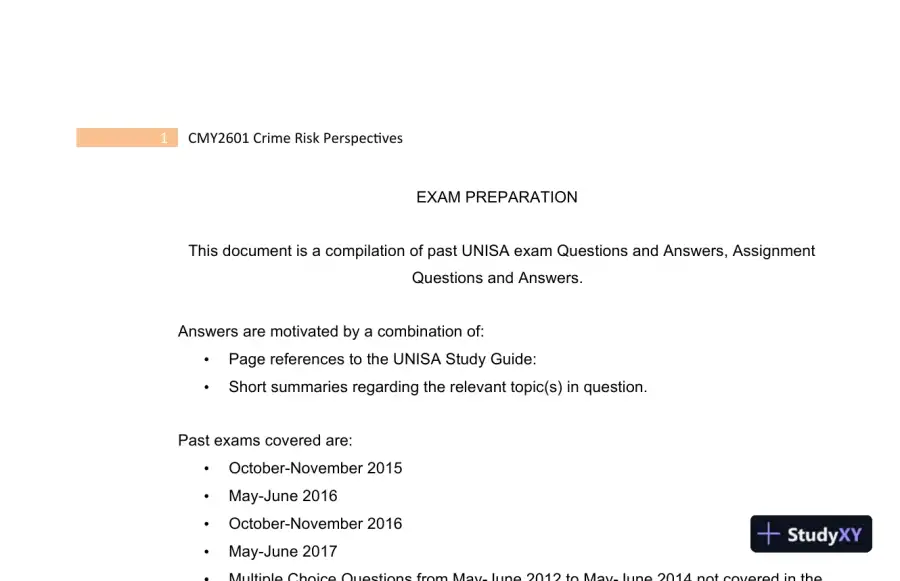 2023 CMY2601 Crime Risk Perspectives Practice Exam with Answers (130 Solved Questions), page 3