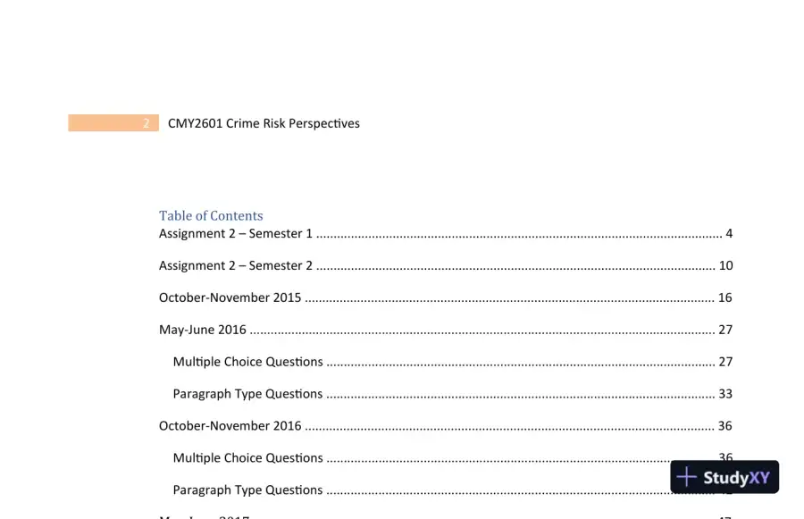 2023 CMY2601 Crime Risk Perspectives Practice Exam with Answers (130 Solved Questions), page 4