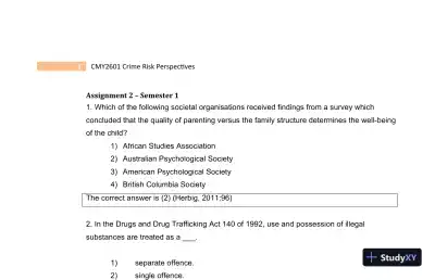 2023 CMY2601 Crime Risk Perspectives Practice Exam with Answers (130 Solved Questions) - Page 6 preview image
