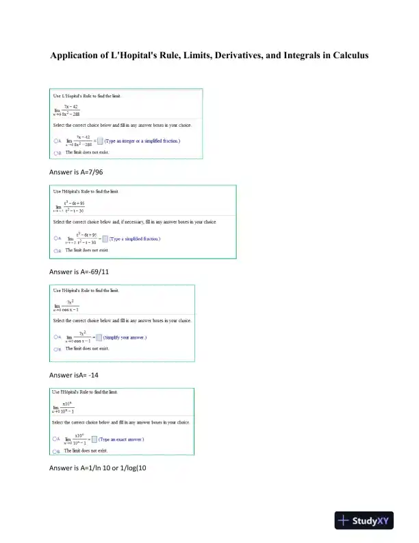 Application of L'Hopital's Rule, Limits, Derivatives, and Integrals in Calculus - Page 1 preview image