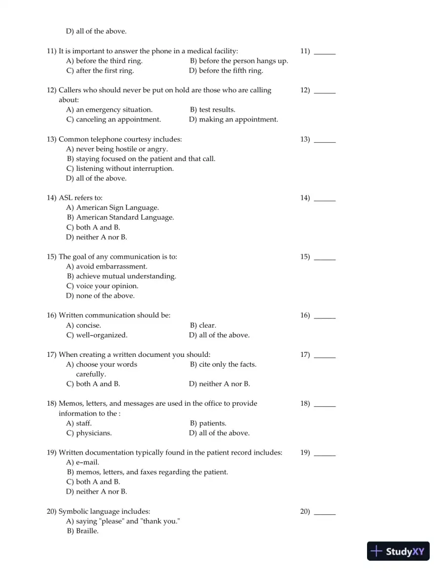 Clinical Medical Assisting: Foundations and Practice 1st Edition Test Bank, page 10