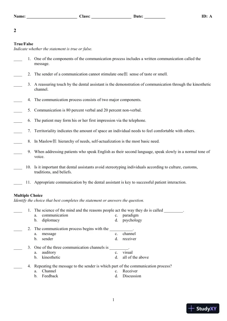 Dental Assisting: A Comprehensive Approach 5th Edition Test Bank, page 15