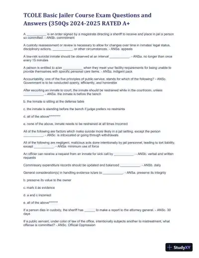 2024-2025 TCOLE Basic Jailer Course Practice Exam with Answers (1401 Solved Questions) - Page 1 preview image