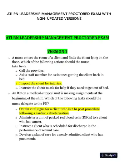 ATI RN Leadership Management Proctored Exam With NGN Version 1 With Answers (14 Solved Questions) - Page 1 preview image