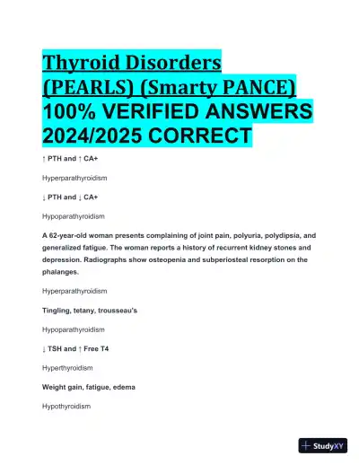 2024-2025 Thyroid Disorders (PEARLS) (Smarty PANCE) with Answers (65 Solved Questions) - Page 1 preview image