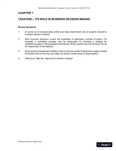 Canadian Income Taxation 2016/2017 Edition Solution Manual - Page 1 preview image