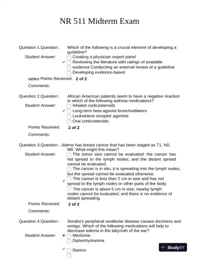 NR511 Healthcare Assessment Midterm Exam With Answers (15 Solved Questions) - Page 1 preview image