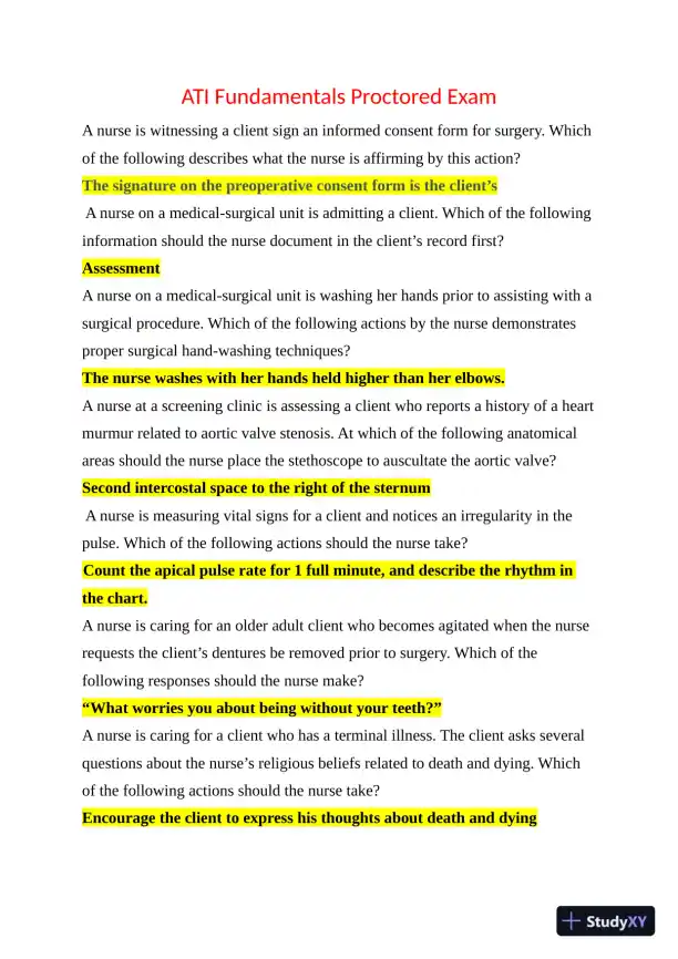 ATI Fundamental of Nursing Proctored Exam With Answers (11 Solved Questions) - Page 1 preview image