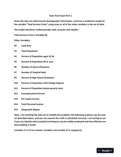Predictive Modeling of Serious Crime Using County Demographic Data: Stats Final Exam Part 2 - Page 1 preview image